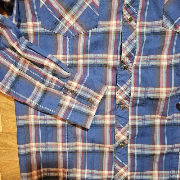 Wrangler Pearl Snap Blue Plaid Medium Western - Picture 3 of 9
